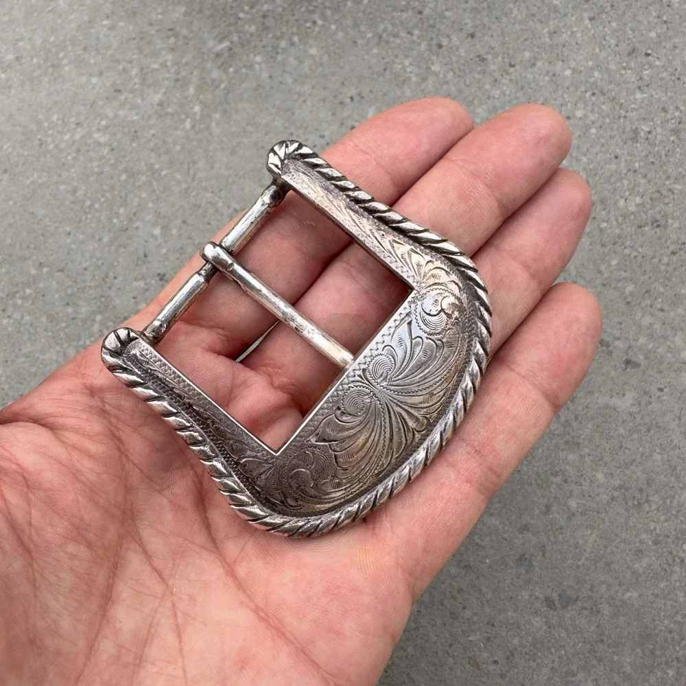 VTG Western Silverplate Belt Buckle Engraved Floral Scroll Cowboy Rope Border